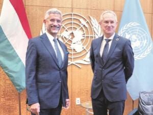 External Affairs Minister  S Jaishankar with President of the 77th session of the UN General Assembly Csaba Korosi, in New York